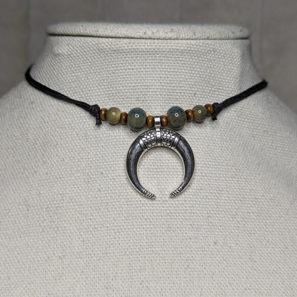 Handmade Jewelry - Etched Crescent Moon Silver Charm Blue Green Ceramic Bead Boho Choker Necklace